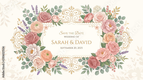 Fotografie Vintage Floral Wedding Invitation Sarah and David with Roses
