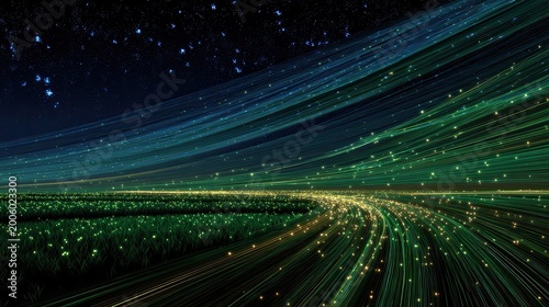 Abstract flowing light streaks over grassy landscape under starry sky