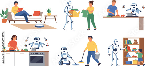 Photography Human and robot domestic partnership set featuring household chores cooking clea