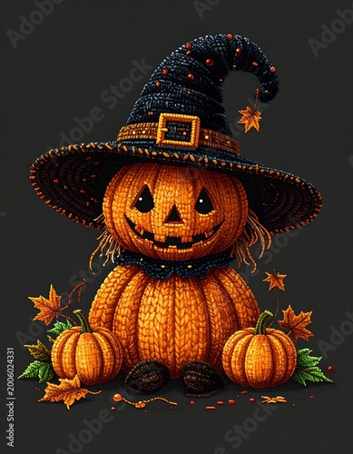 An adorable, animated pumpkin creature with a witch's hat, surrounded by pumpkins and fall leaves, all set on a dark backdrop