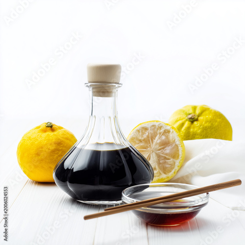 Soy Sauce Bottle with Citrus and Chopsticks on White Background