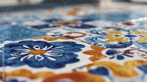 Vibrant floral tiles in blue and orange hues.