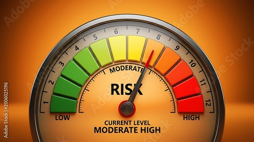 Risk gauge meter with a current level of moderate high on orange background