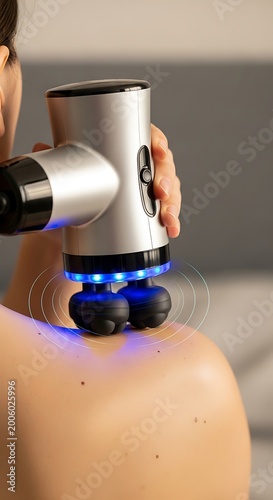Person using handheld muscle massager device.