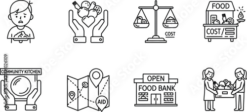 Foto food insecurity icons set line art style on white background