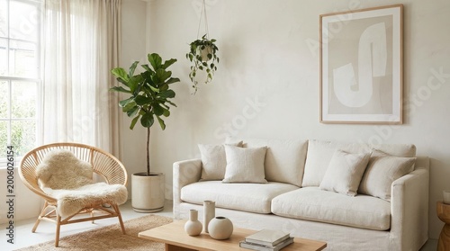 Nordic minimalist living room interior with a serene sofa space
