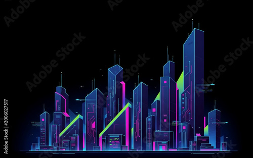 Vibrant futuristic cityscape with neon lights and towering skyscrapers under a dark sky, a modern metropolis
