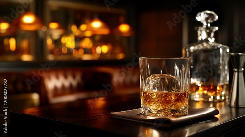 Golden whiskey gleams in a crystal glass.