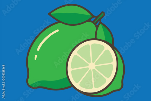 A vibrant green lime cut in half beside a whole lime on blue background