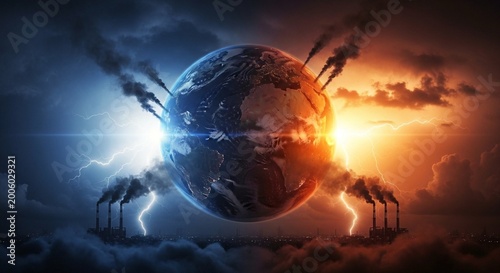 A depiction of Earth experiencing extreme weather conditions with lightning and pollution emanating from industrial factories during a dramatic sunset and stormy sky.