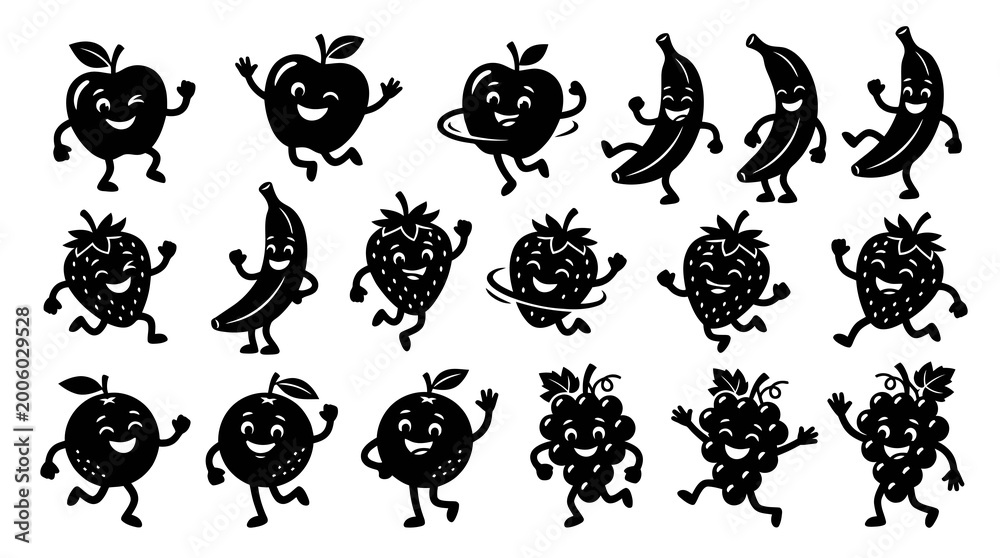 Obraz premium Dancing Black and White Fruit Characters Cartoon Icons - Happy Healthy Food Silhouettes