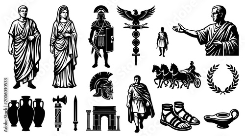 Ancient Rome Black  White Line Art Collection of Historical Characters, Symbols  Artifacts