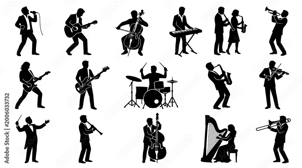 Fototapeta premium Black White Silhouettes of Musicians Playing Instruments - Music Industry Vector