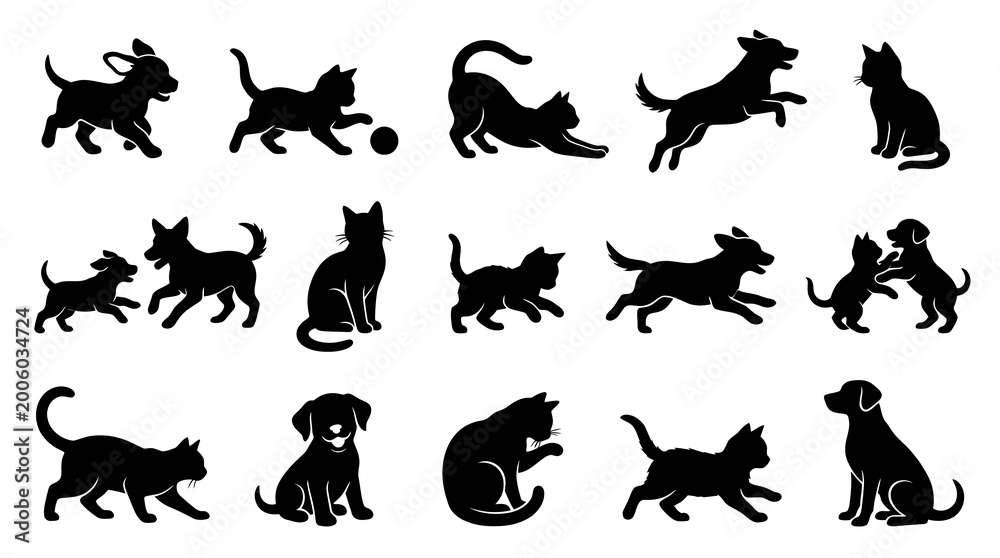 Obraz premium Silhouette Animal Icons: Dogs and Cats Playing, Sitting, Jumping