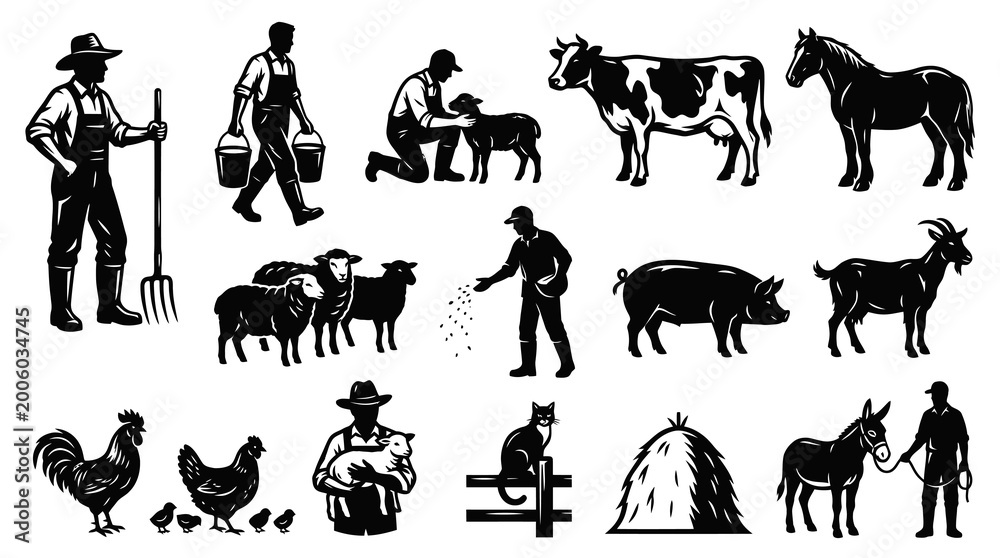 Fototapeta premium Farm Animals and Farmer Icons - Black and White Vector Art