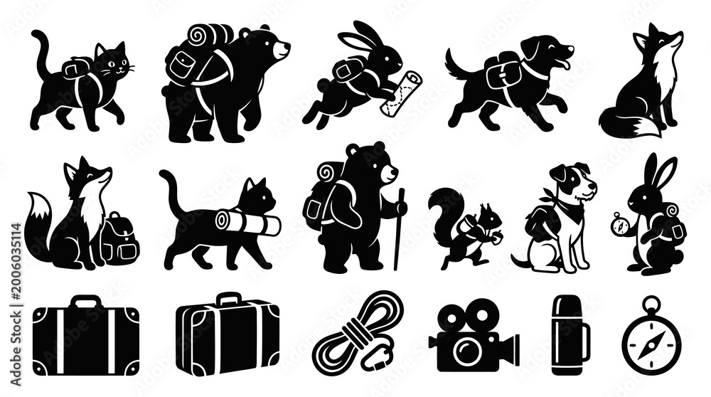 Obraz premium Black White Camping Animals and Gear Icons, Vector Illustration