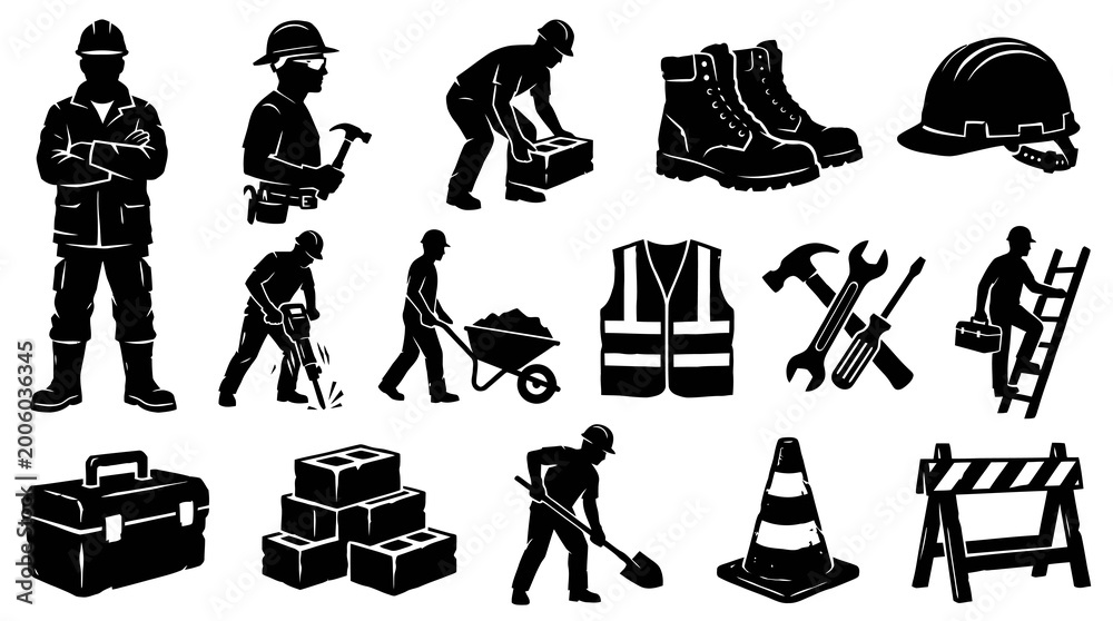 Obraz premium Construction Industry Workers, Tools, and Equipment Silhouette Glyph Icon Set - Black White Vector