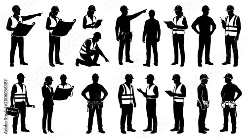 Construction Workers and Engineers Silhouettes Vector Set. Diverse Architects, Builders and Contractors Poses.