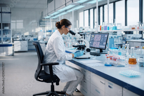 Female scientist or medical researcher wearing a white lab coat looking through a microscope at a desk in a modern clinical laboratory.