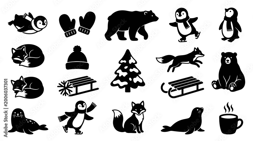 Fototapeta premium Winter Animals and Objects Icon Set - Black and White Vector Illustration