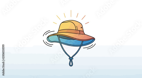 Sun hat with chin strap, cartoon style, bright sun rays, summer protection, outdoor activity