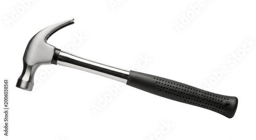 A silver hammer with a black handle resting on a black background on transparent background