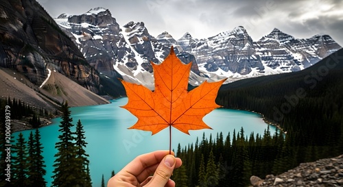 Autumnal majesty a vibrant maple leaf frames a stunning mountain landscape