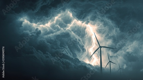 Electrical storm rages behind large wind turbines generating clean energy