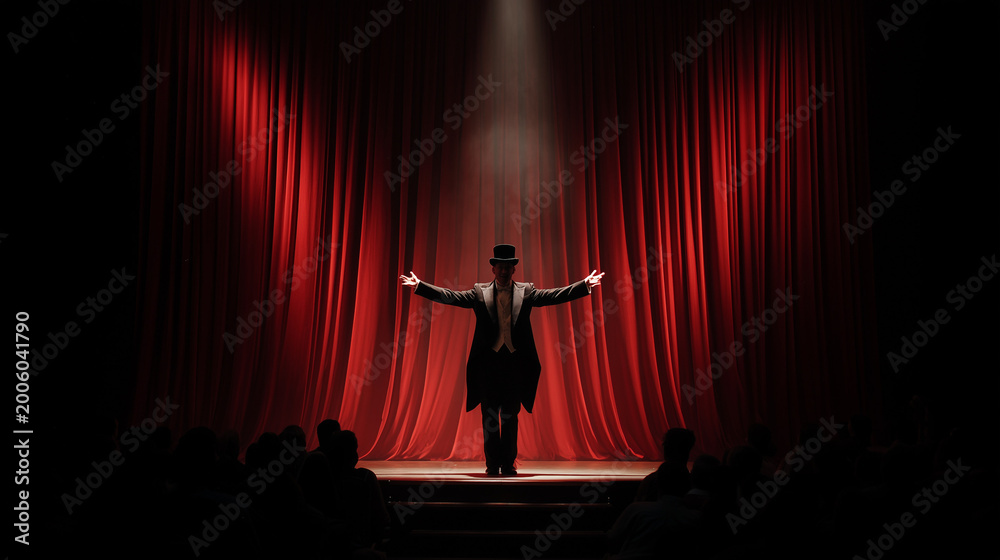 Fototapeta premium Magician performing on theater stage with red curtains and spotlight, dramatic show silhouette