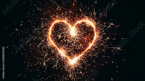 Heart Shape Sparkler Light Drawing Against Dark Background for Romantic Celebration