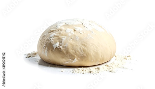 Close-up of a ball of uncooked bread dough dusted with flour, sitting on a white background with flour scattered around it