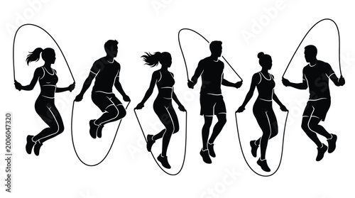 Foto Set of silhouettes of people jumping rope, men and women exercising with jump ro