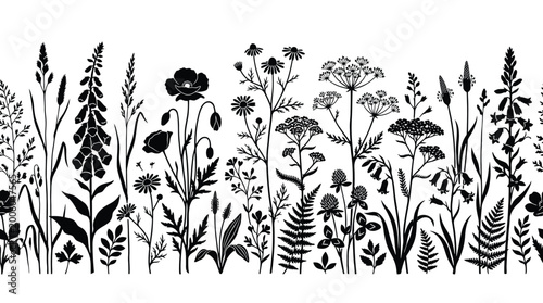 Seamless border with wild flowers and herbs, black silhouettes of meadow plants