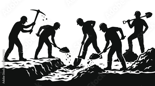 Obraz na płótnie Silhouette of construction workers digging a trench with shovels and a pickaxe