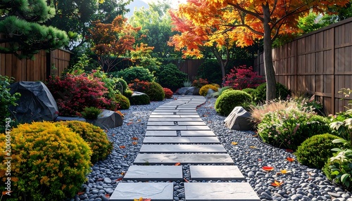 A serene garden pathway with stone steps and gravel