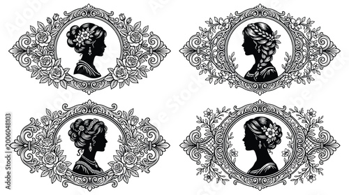 фотографія Set of four vintage cameo portraits of elegant women in ornate floral frames, vi