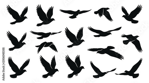 Foto Set of flying birds silhouettes collection of black birds in flight, doves or pi