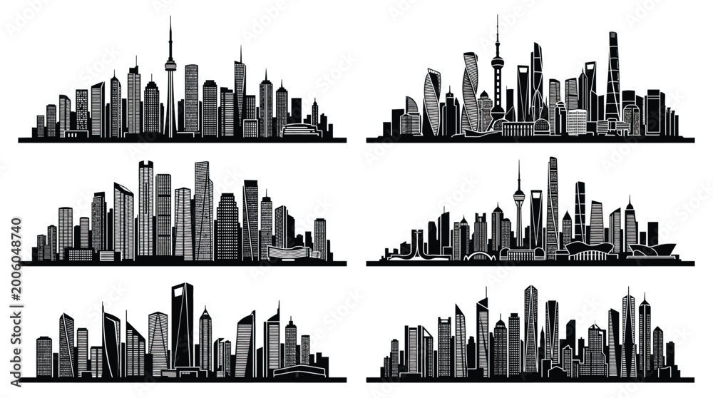 Fototapeta premium Set of city skylines, vector illustration collection of modern cityscapes with skyscrapers and office buildings, urban architecture silhouettes