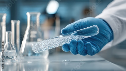 Hand in glove holding bubbling test tube in lab