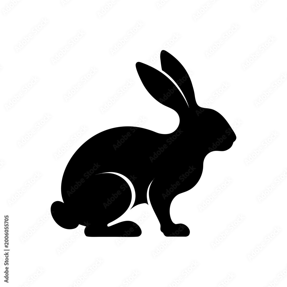 Fototapeta premium Minimalist rabbit silhouette vector, black bunny profile icon, simple hare animal shape isolated on white, modern wildlife logo design element