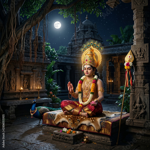 Lord Murugan Meditating in a Temple Courtyard Under Moonlight