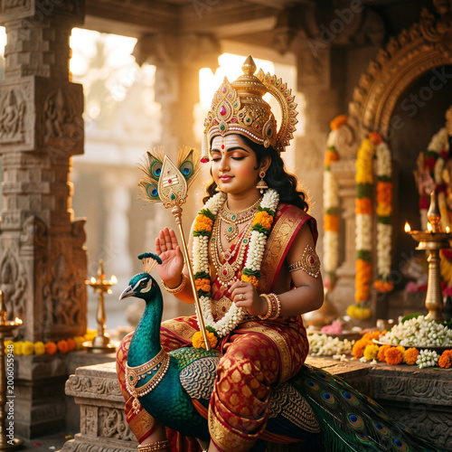 Lord Murugan Seated with Peacock in an Ornate Traditional Temple