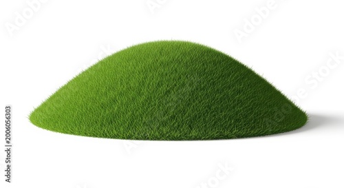 Vibrant green grass hill isolated on white background, lush grassy mound with soft texture, small round lawn hillock for landscaping design