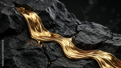 Abstract luxury background of liquid gold flowing over dark obsidian stone, 3d render of premium molten metal texture, 4k