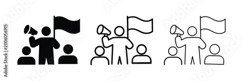 Photos Protest and demonstration icon set with megaphone and flag public speech activis