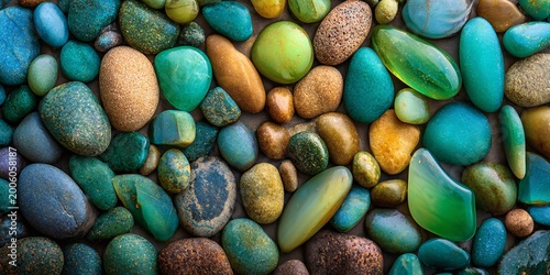 colorful beach stones mosaic background of turquoise blue green and yellow pebbles texture