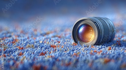 camera lens closeup on colorful blurred audience for photography and media technology background