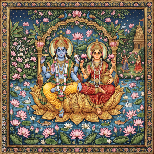 Lord Vishnu and Goddess Lakshmi Seated on Lotus Flower, Traditional Hindu Divine Couple Art