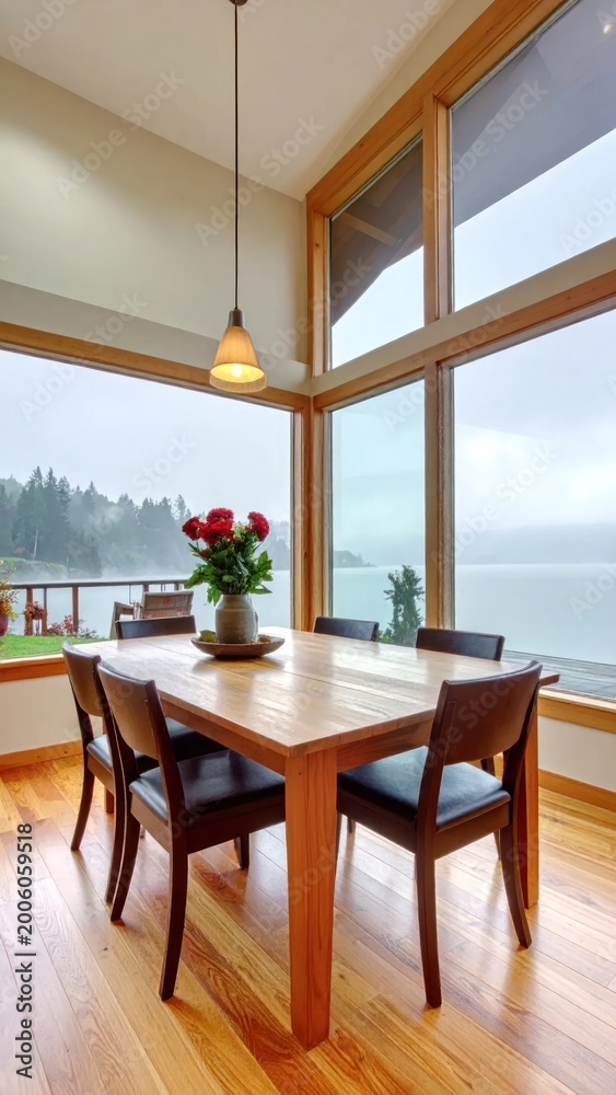 Fototapeta premium Bright dining room with large windows overlooking a waterfront view, table and chairs