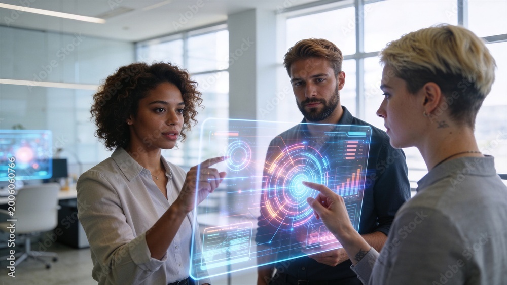 Fototapeta premium Futuristic AI Office With Modern Business Team